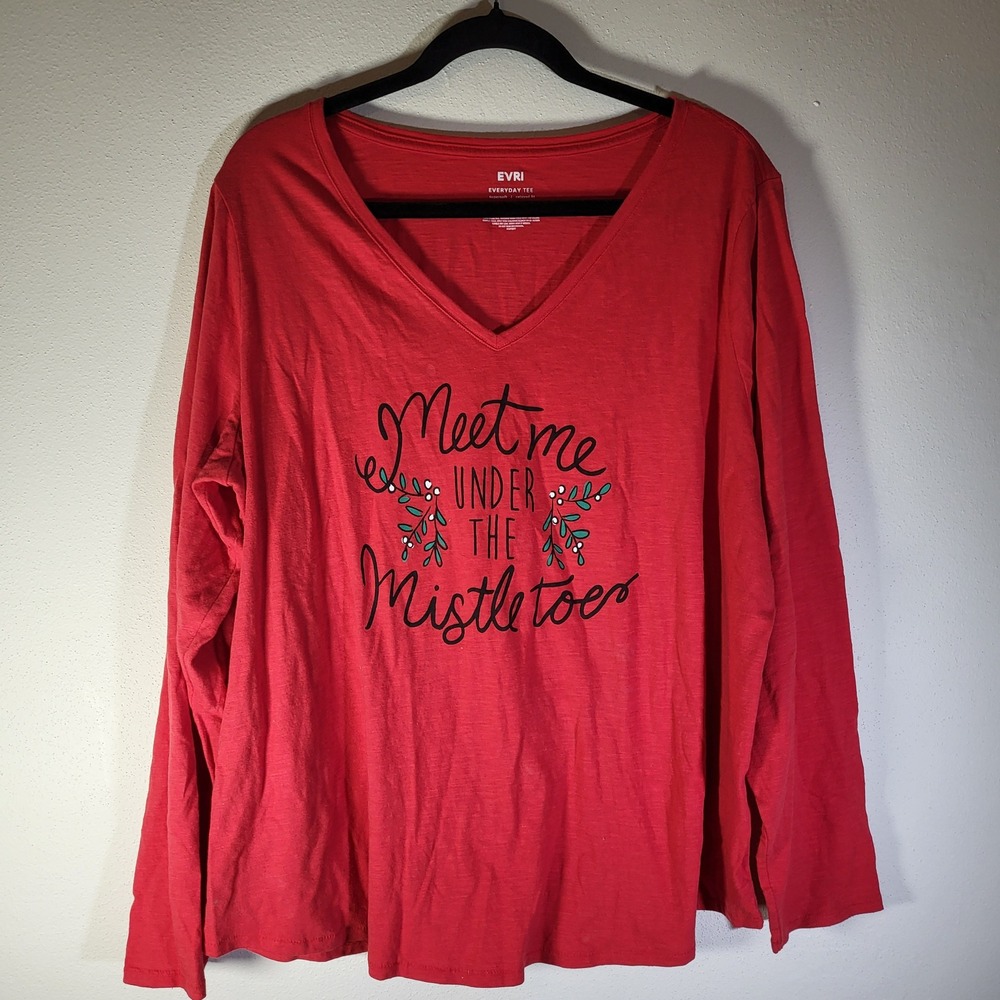 EVRI Red Everyday Tee Relaxed Fit Long Sleeve "Meet me Under the Mistletoe"‎ Top